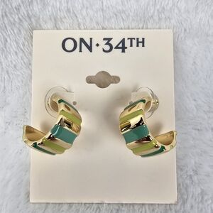 On 34th Gold Tone Blue & Green Enamel Striped Open Hoop Stud Earrings 1 "